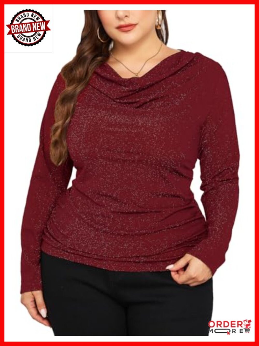 Plus Size Sparkly Cowl Neck Top Side Shirring Ruched Waist
